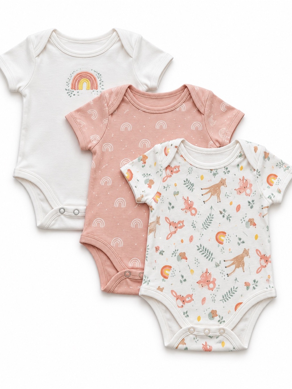 3-Pack Baby Girls Short-Sleeve Onesies in Cream, Blush, and White